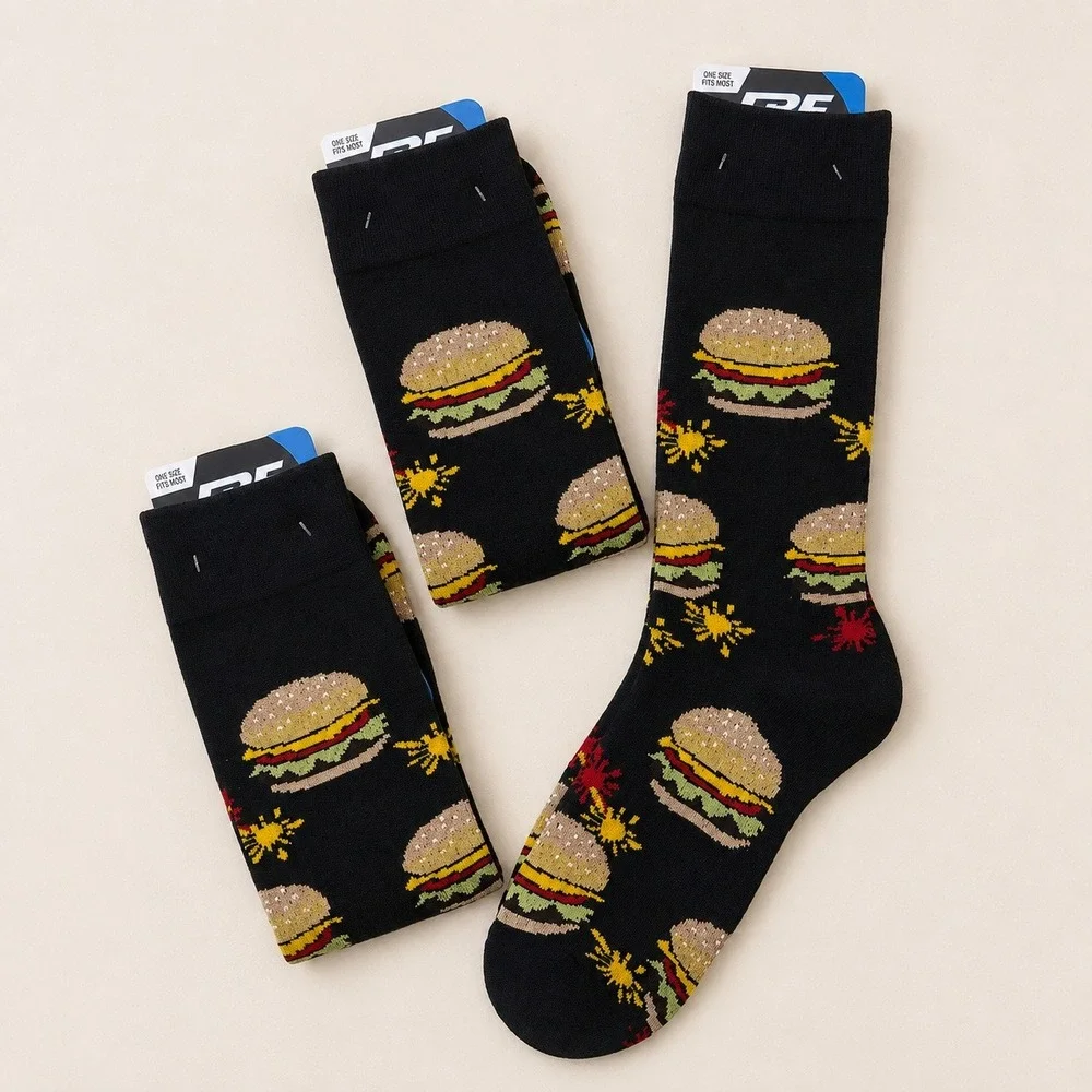 FBF Foodcore Cheeseburger Crew Socks Unisex OSFM 3 Pair Pack Novelty Kitsch Camp